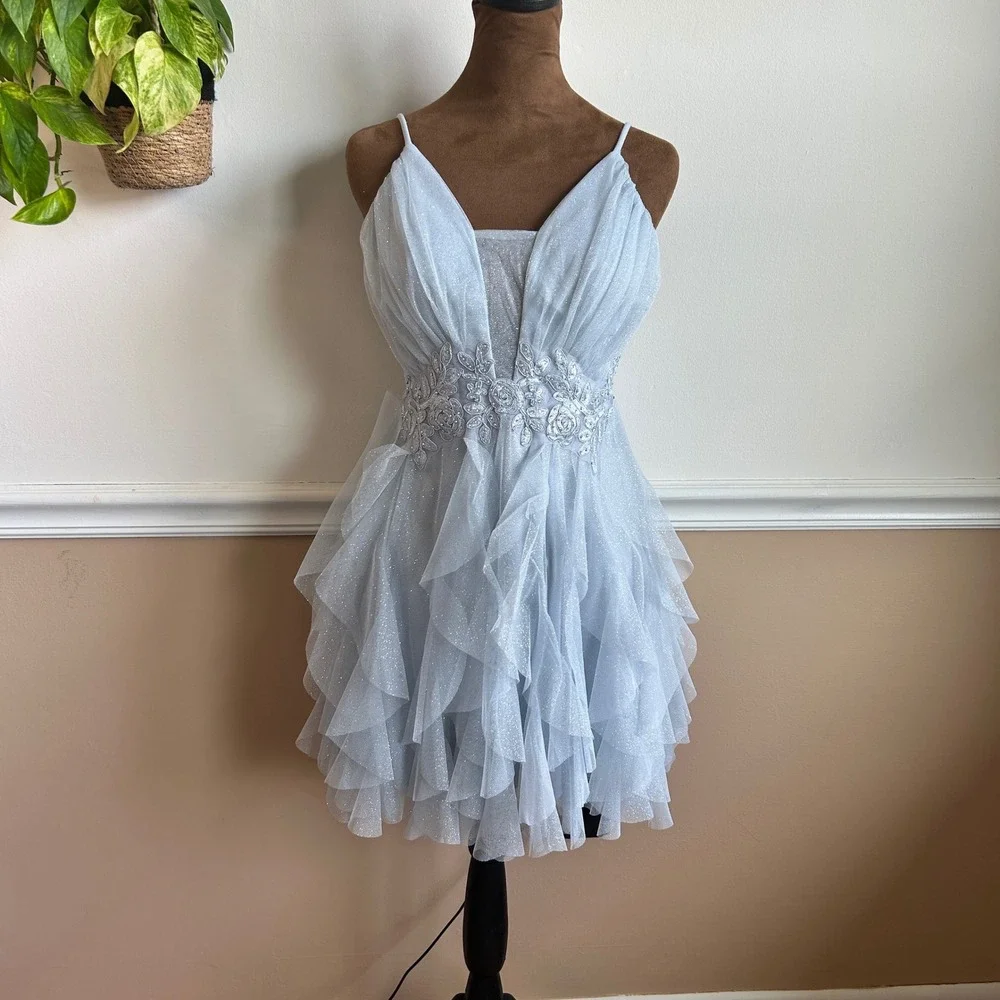 Radiante Couture Blue Glitter Tulle Ruffle Mini Dress‎ Cocktail Homecoming
